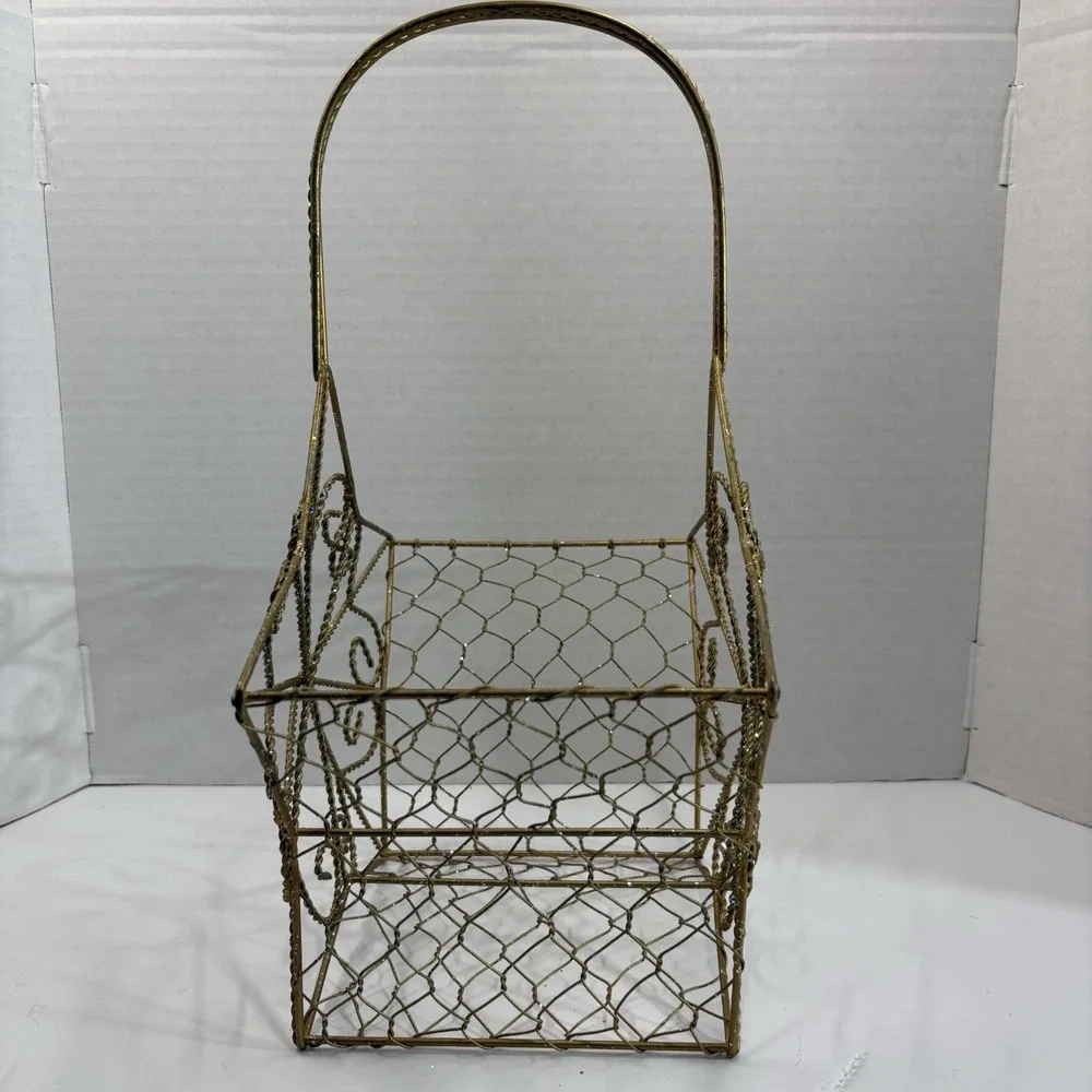 Christmas Gold Tone Glitter Metal Star Wire Basket with Handle Indoor 15in